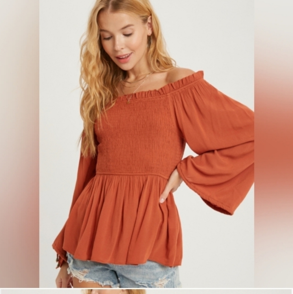 Bluivy Terracotta Smoked Blouse Small Off shoulder neckline with elastic